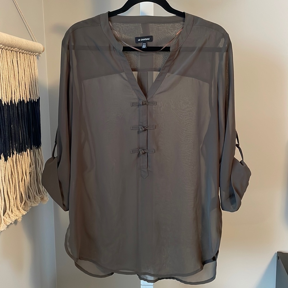 Le Chateau Sheer Khaki Green Blouse, Size M